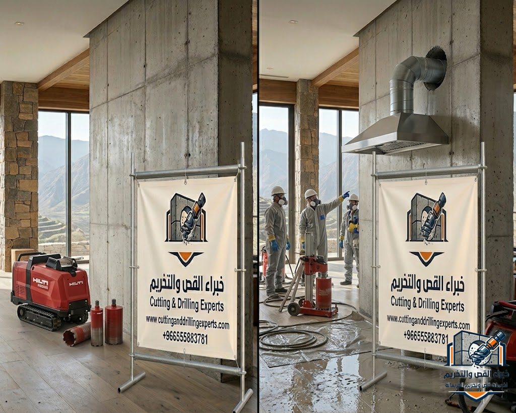 فتح كور مداخن بالطائف باستخدام أجهزة الكور الماسي لتنفيذ فتحات المداخن والشفاطات وأنظمة سحب الدخان بدقة عالية وبدون تكسير